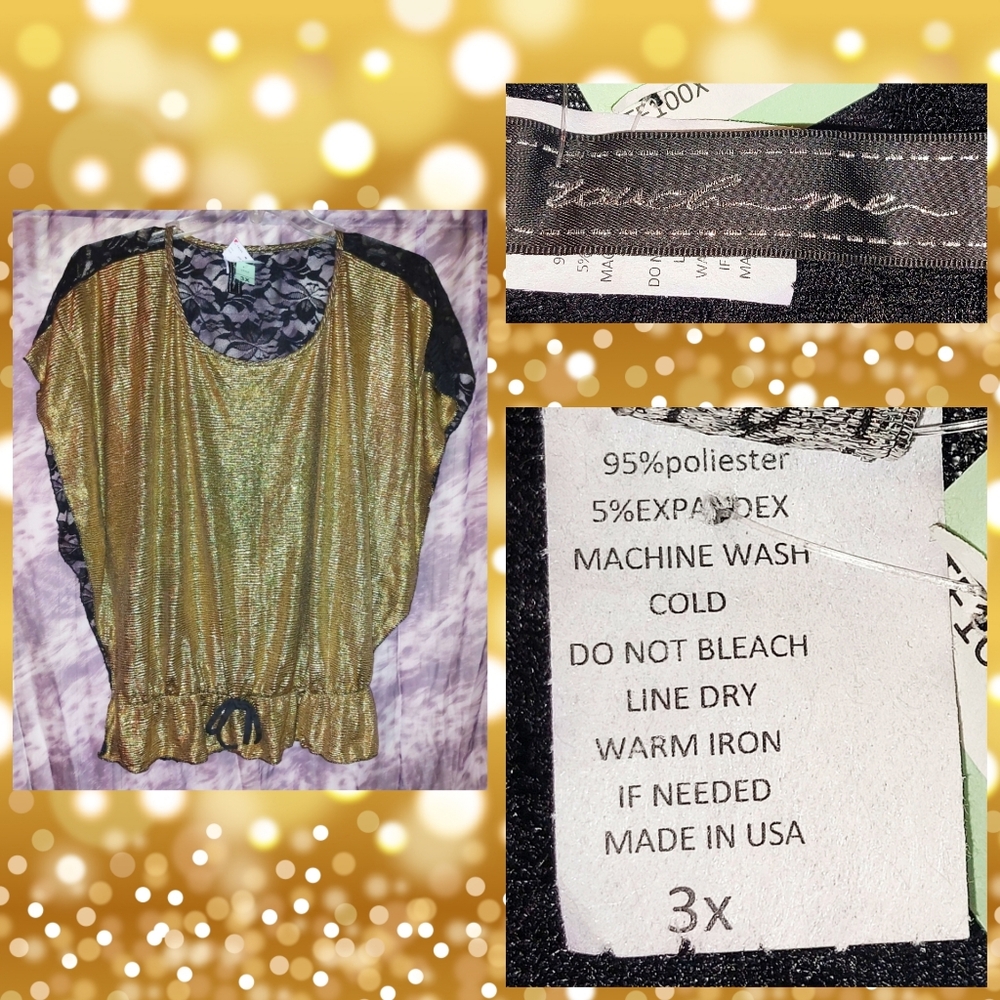 Touch Me Gold Lame & Black Floral Lace Colorblock Soft Knit Blouse Jrs Plus 3X